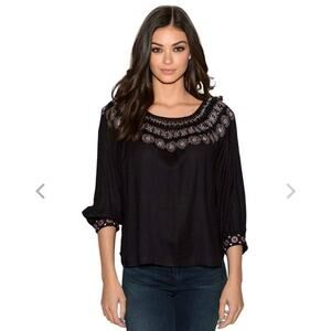 Velvet By Graham & Spencer Eva Black Peasant Top Pastel Embroidered Neck XS